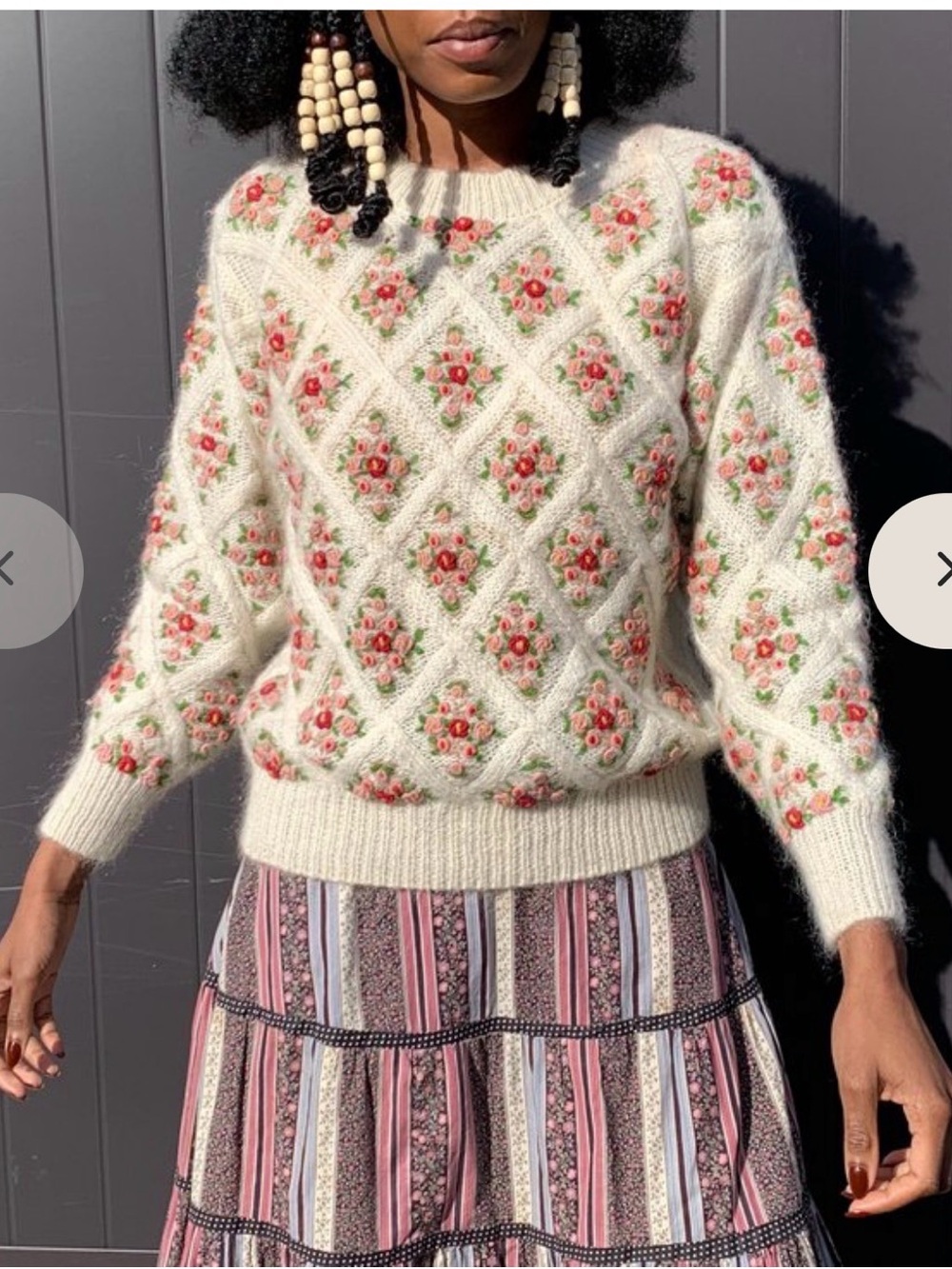 The Limited Ivory Crewneck Sweater with Pink & Green Floral Embroidery Sz S